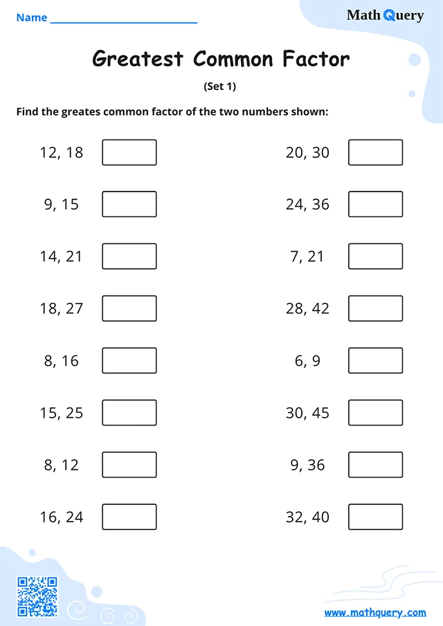 Preview of greatest common factor worksheet set 1.