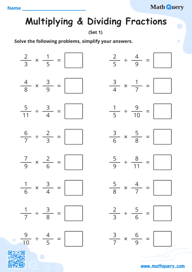 Preview of multiplying and dividing fractions worksheet set 1.