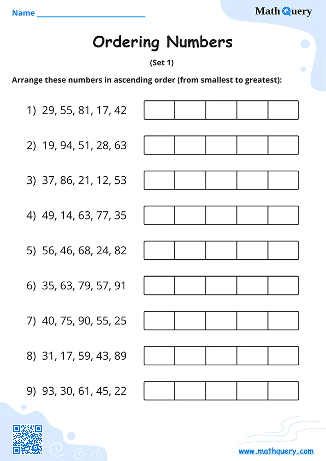 Preview of ordering numbers worksheet set 1.