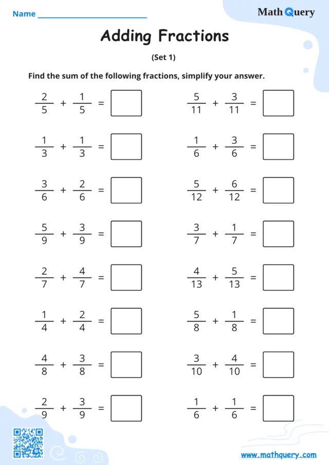 Preview of adding fractions worksheet set 1.