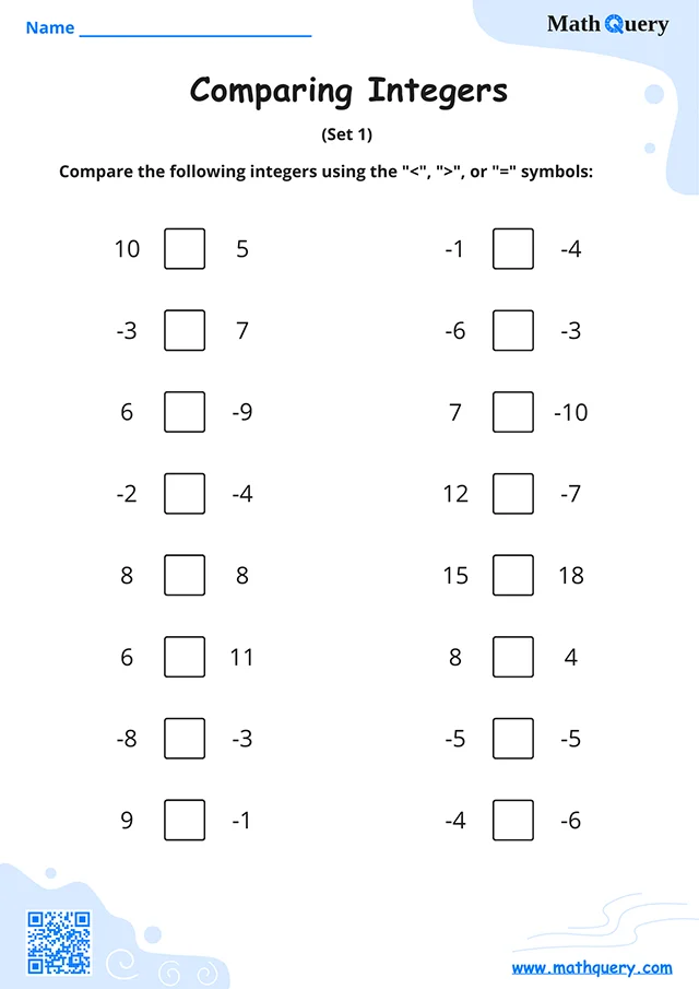 Preview of comparing integers worksheet set 1.