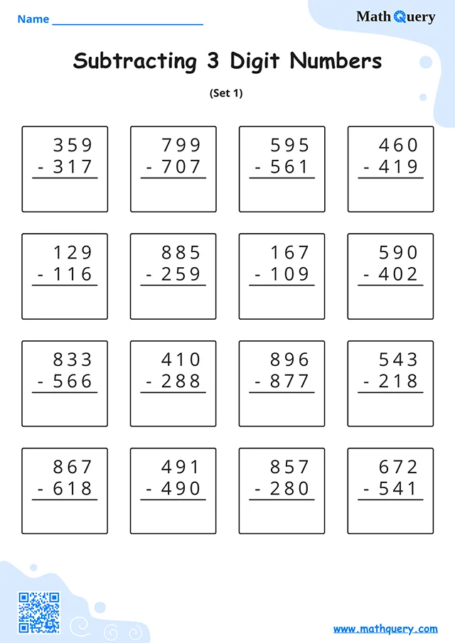 Preview of 3-digit subtraction worksheet set 1.