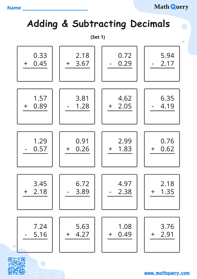 Preview of adding and subtracting decimals worksheet set 1.