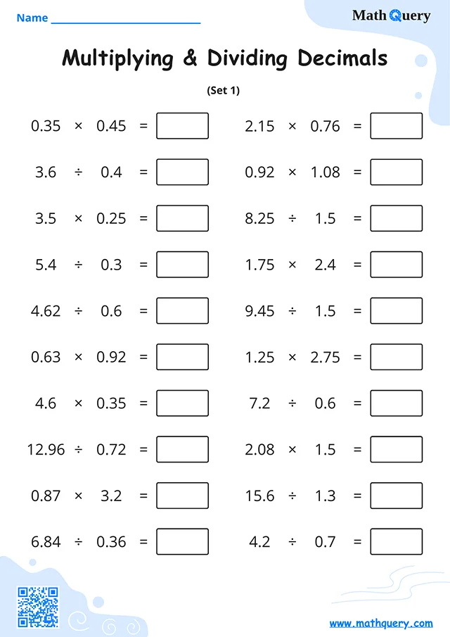 Preview of multiplying and dividing decimals worksheet set 1.