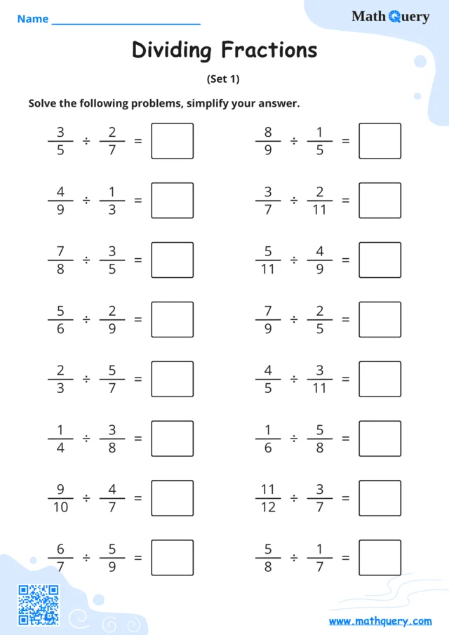 Preview of dividing fractions worksheet set 1.