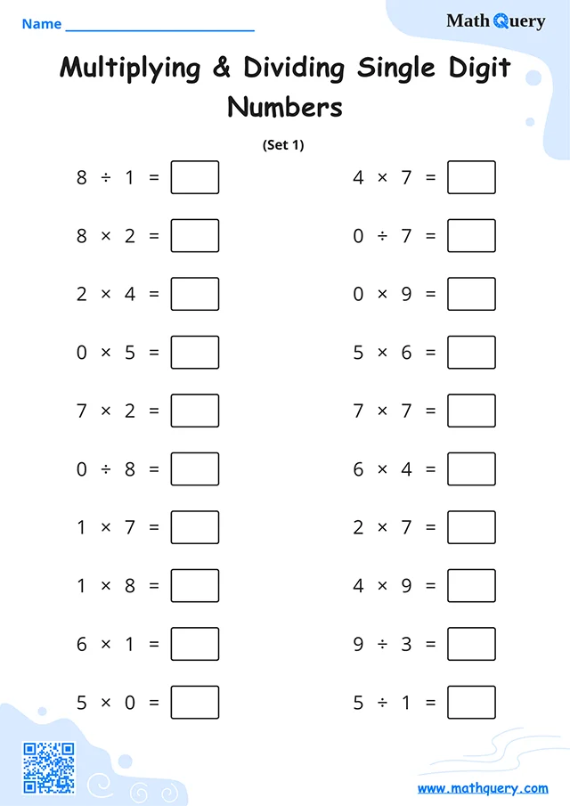 Preview of single-digit multiplication and division worksheet set 1.