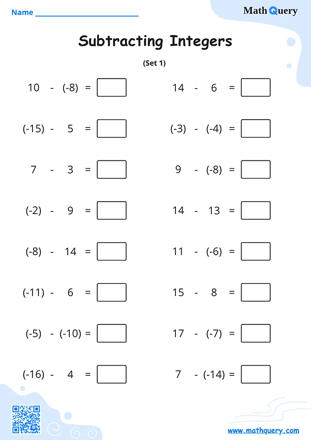 Preview of subtracting integers worksheet set 1.