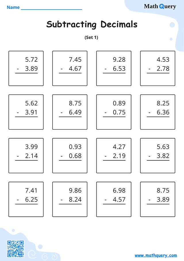 Preview of subtracting decimals worksheet set 1.