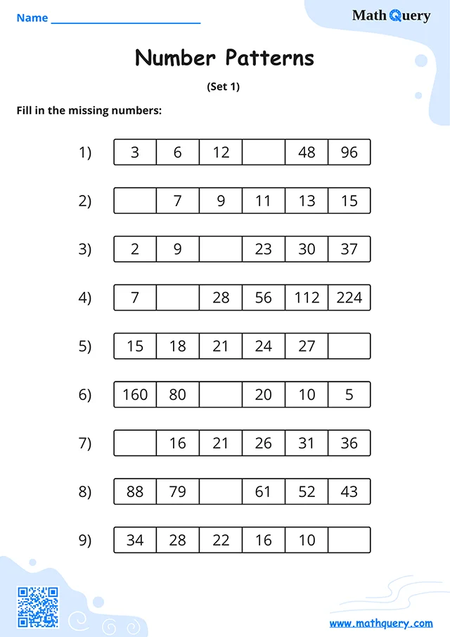 Preview of number patterns worksheet set 1.