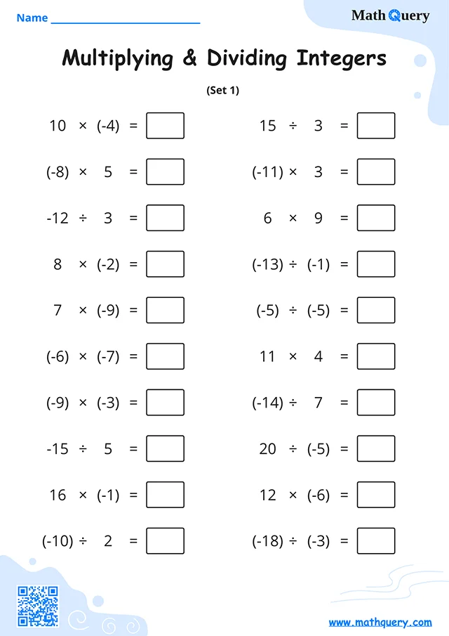 Preview of multiplying and dividing integers worksheet set 1.