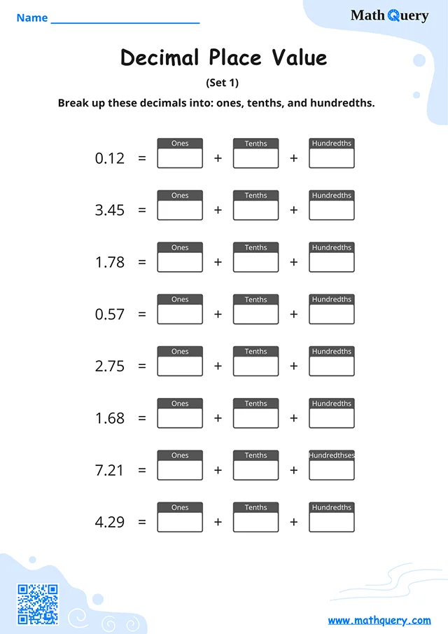 Preview of decimal place value worksheet set 1.