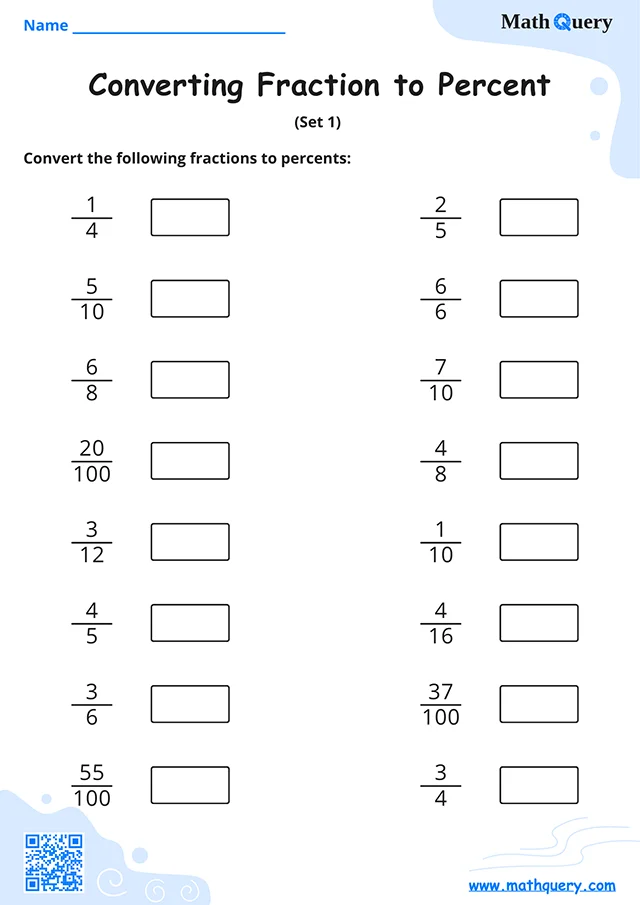 Preview of fraction to percent worksheet set 1.