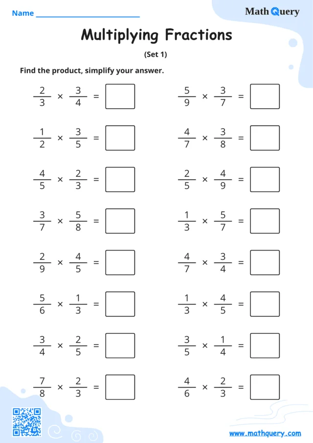 Preview of multiplying fractions worksheet set 1.