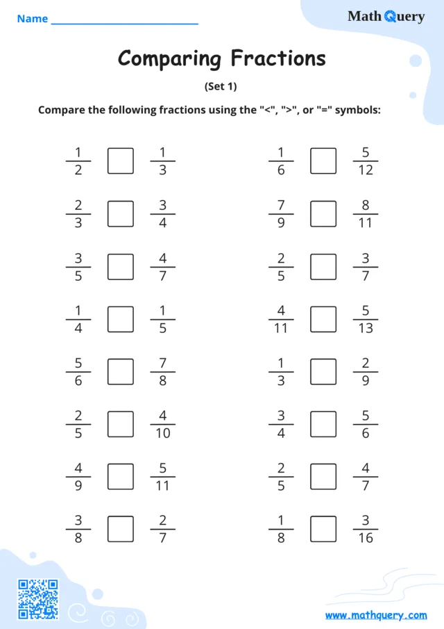 Preview of comparing fractions worksheet set 1.