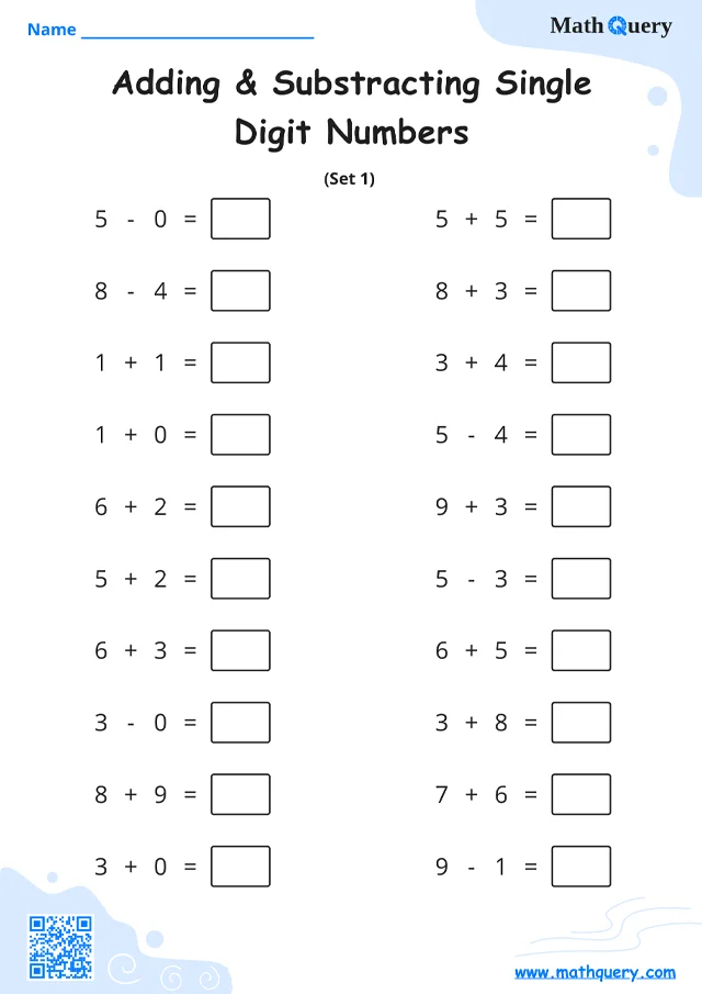 Preview of single-digit addition and subtracting worksheet set 1.