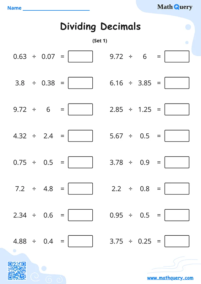 Preview of dividing decimals worksheet set 1.