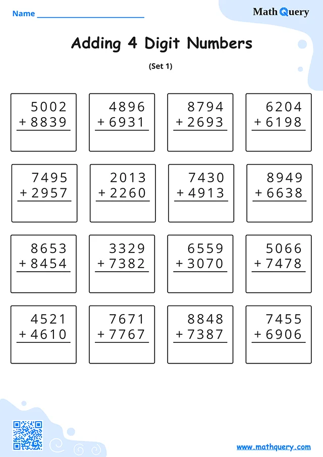 Preview of 4-digit addition worksheet set 1.