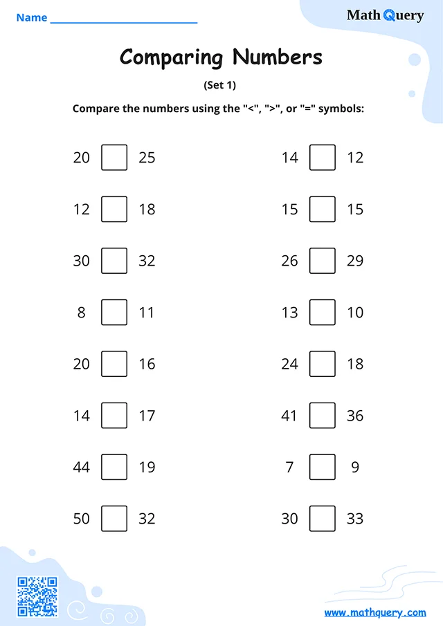 Preview of comparing numbers worksheet set 1.