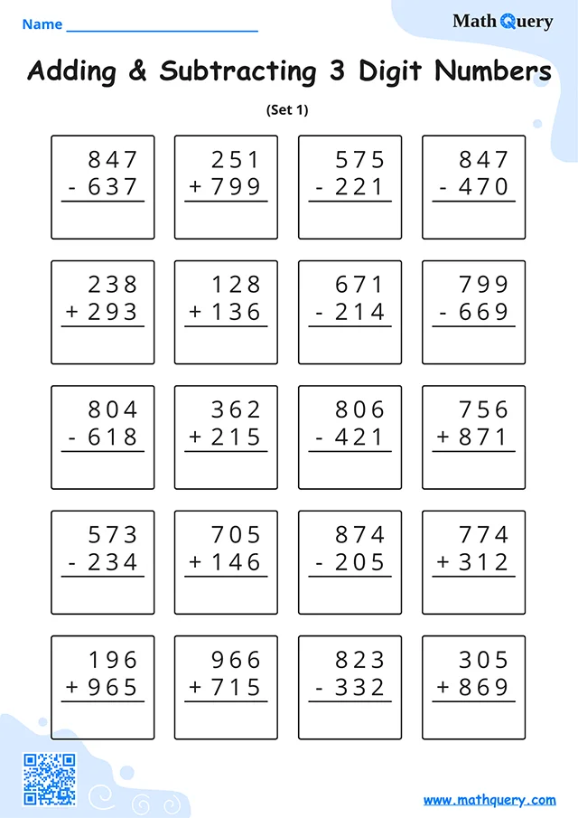 Preview of 3-digit addition and subtraction worksheet set 1.