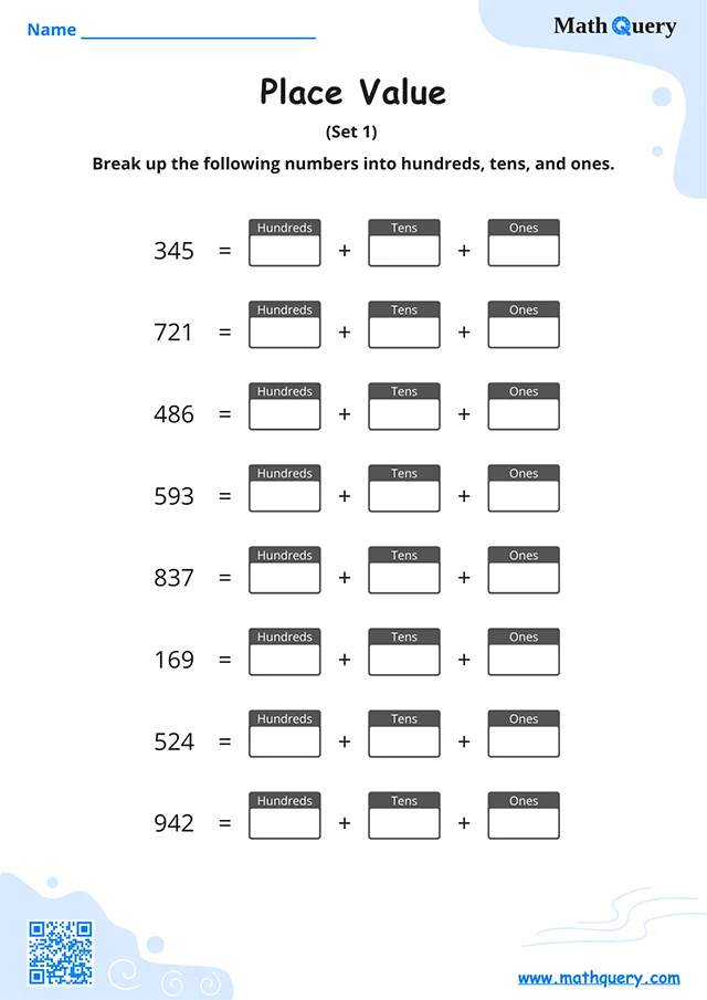 Preview of place value worksheet set 1.