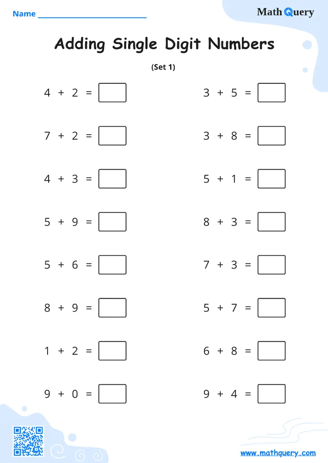 Preview of single-digit addition worksheet set 1.