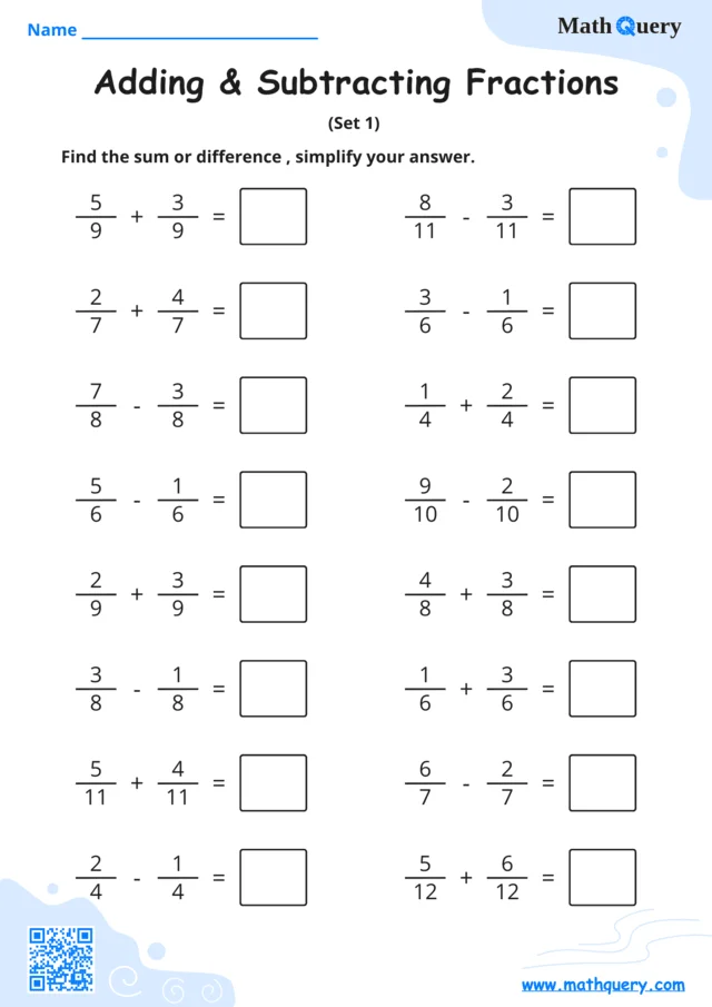 Preview of adding and subtracting fractions worksheet set 1.