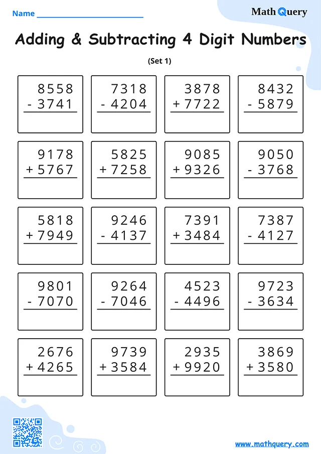 Preview of 4-digit addition and subtraction worksheet set 1.