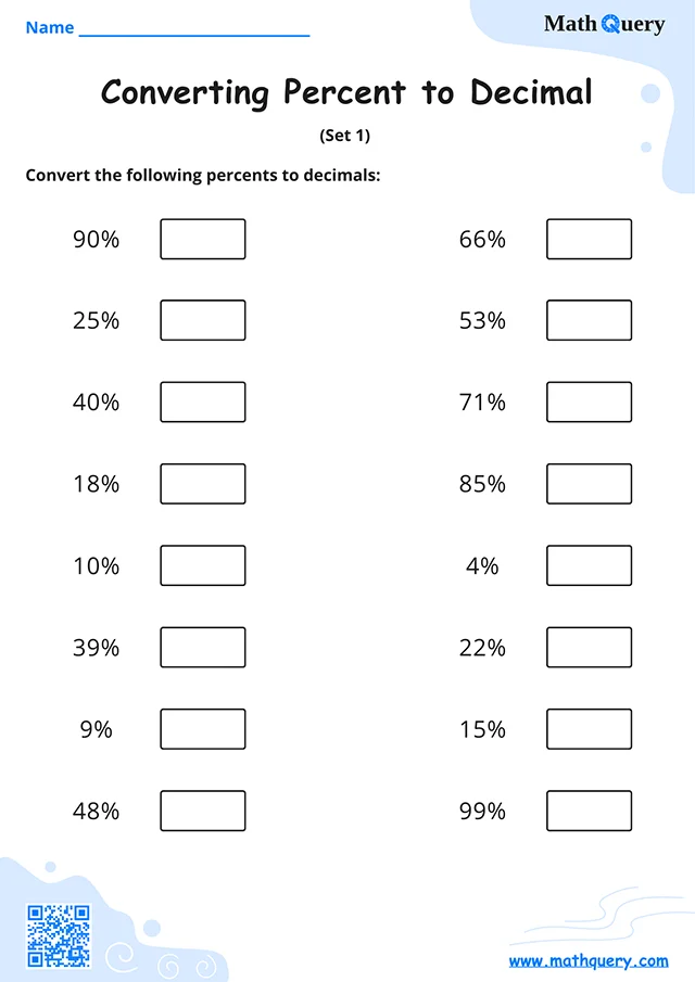 Preview of percent to decimal worksheet set 1.