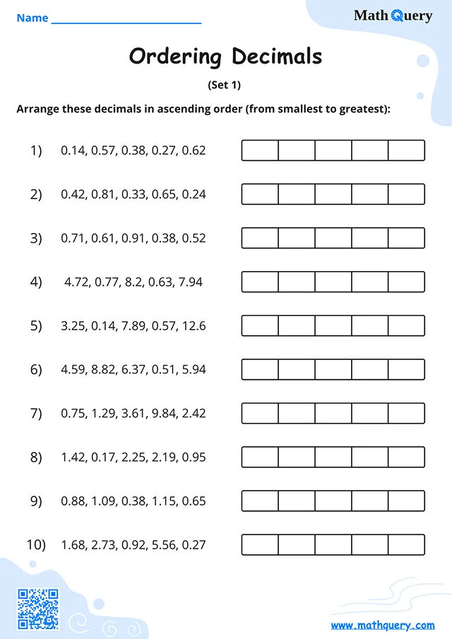 Preview of ordering decimals worksheet set 1.