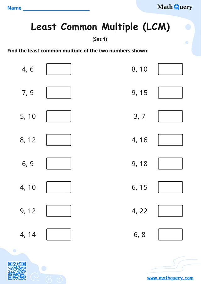 Preview of least common multiple worksheet set 1.