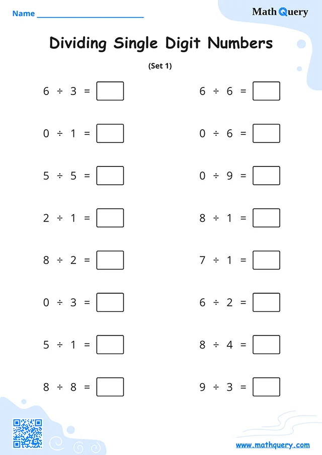 Preview of single-digit division worksheet set 1.