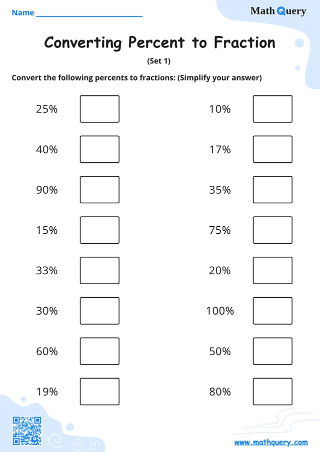 Preview of percent to fraction worksheet set 1.