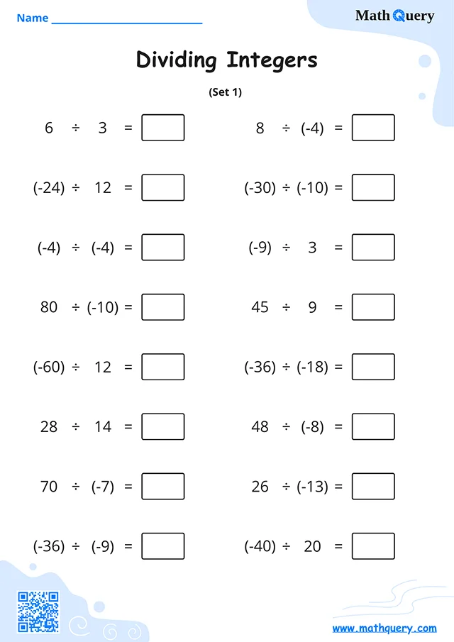 Preview of dividing integers worksheet set 1.