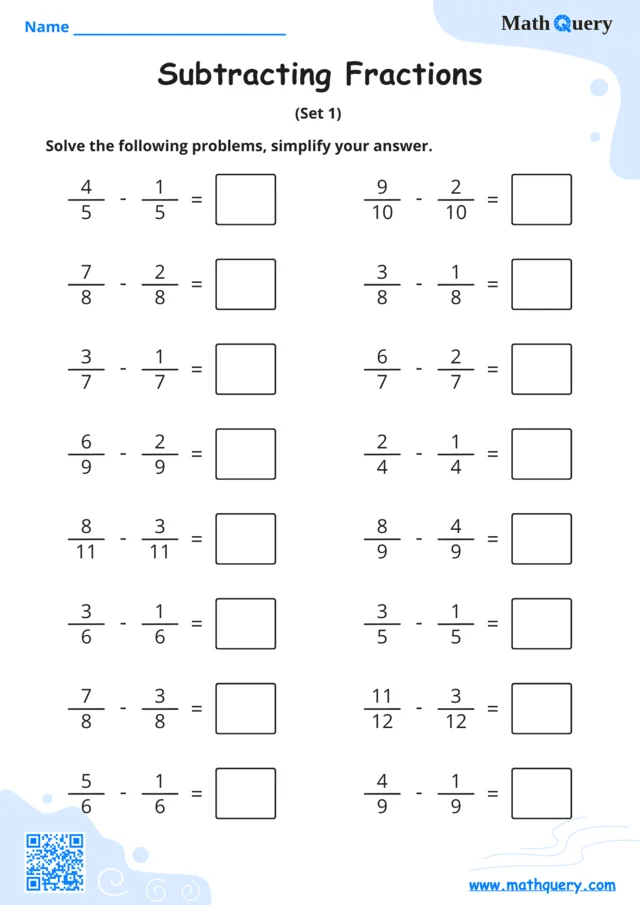 Preview of subtracting fractions worksheet set 1.