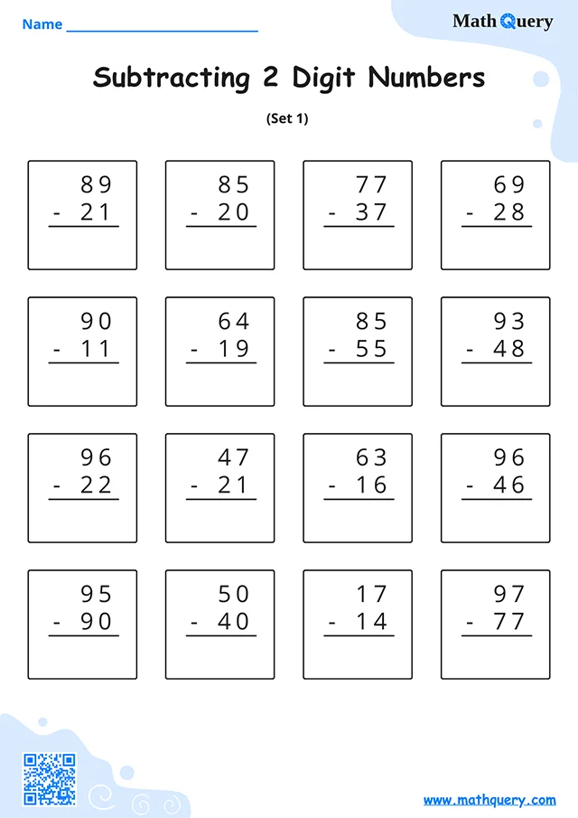 Preview of 2-digit subtraction worksheet set 1.