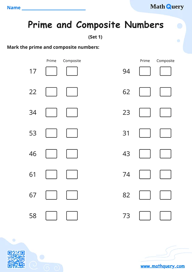 Preview of prime and composite numbers worksheet set 1.