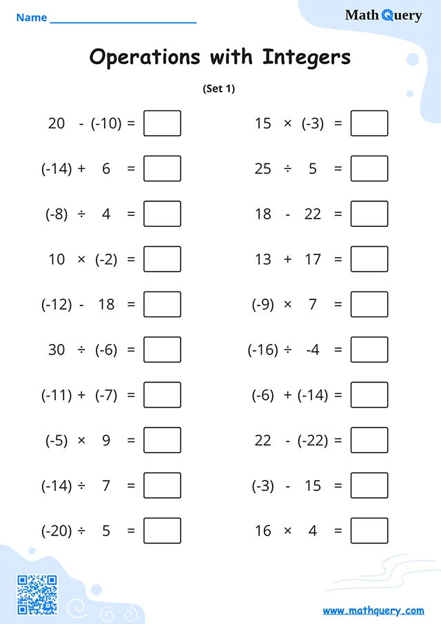 Preview of operations with integers worksheet set 1.