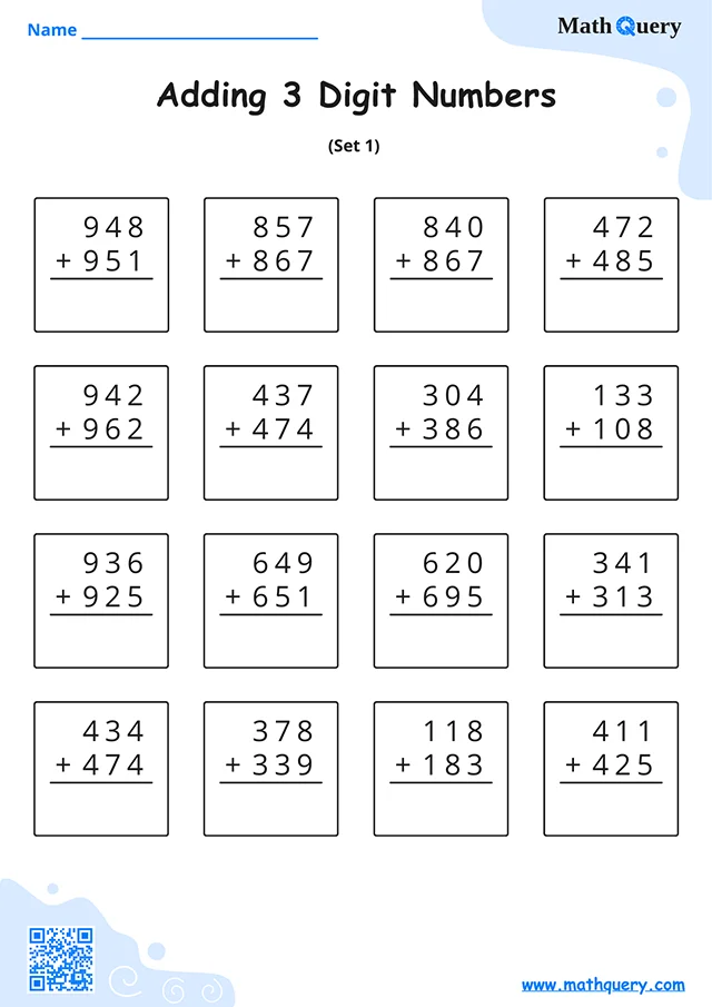 Preview of 3-digit addition worksheet set 1.