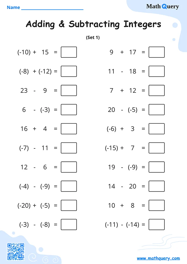 Preview of adding and subtracting integers worksheet set 1.