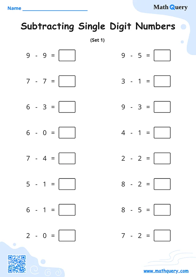 Preview of single-digit subtraction worksheet set 1.