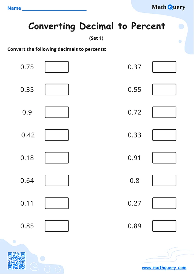 Preview of decimal to percent worksheet set 1.