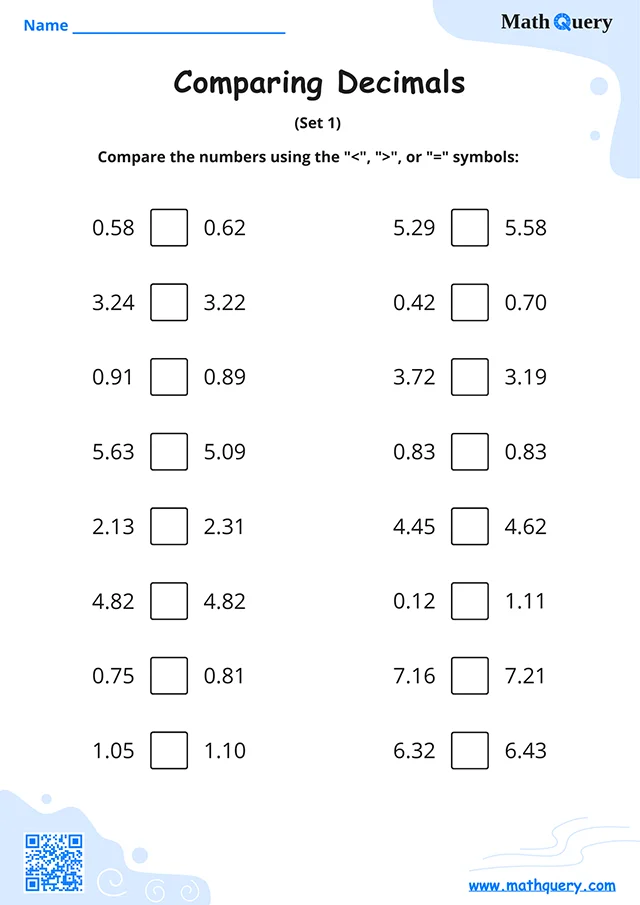 Preview of comparing decimals worksheet set 1.