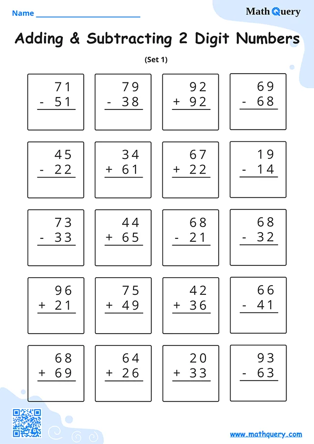 Preview of 2-digit addition and subtraction worksheet set 1.