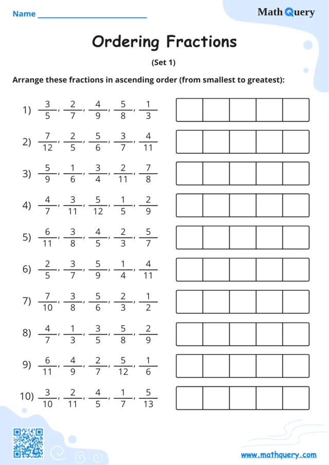 Preview of ordering fractions worksheet set 1.