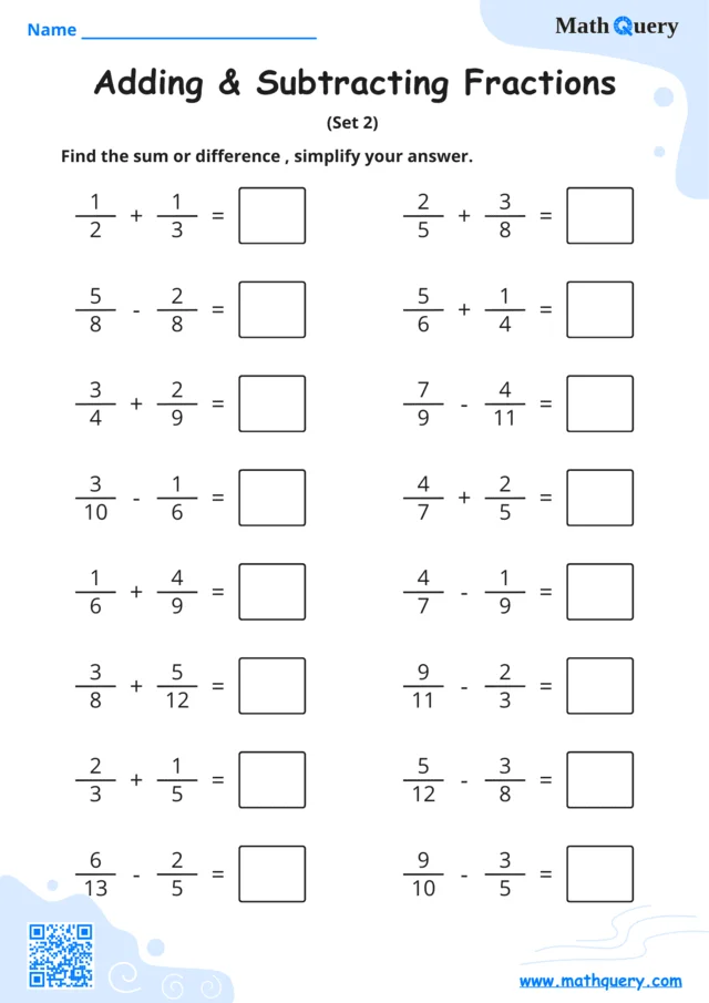 Preview of adding and subtracting fractions worksheet set 2.