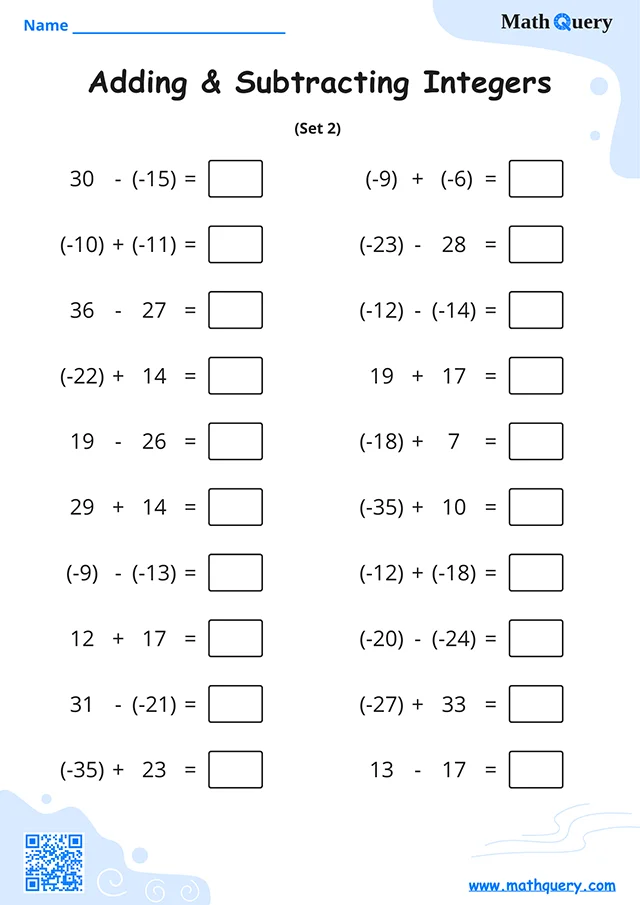 Preview of adding and subtracting integers worksheet set 2.