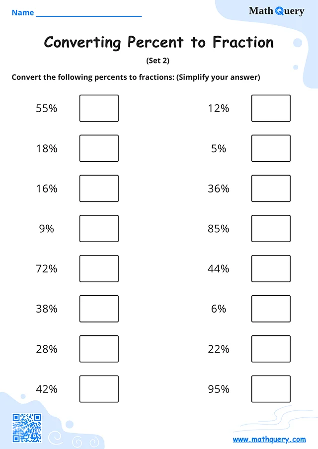 Preview of percent to fraction worksheet set 2.