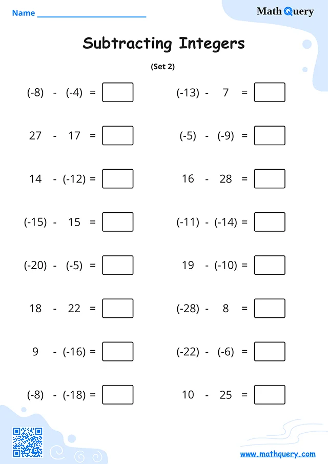 Preview of subtracting integers worksheet set 2.