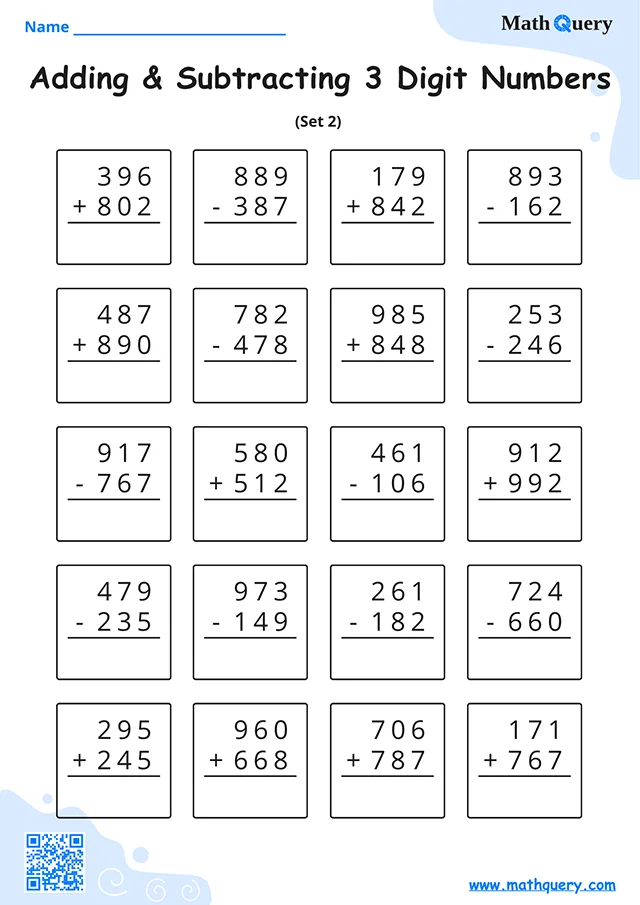 Preview of 3-digit addition and subtraction worksheet set 2.