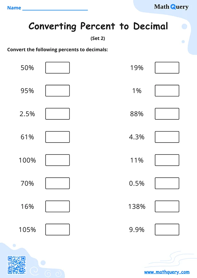 Preview of percent to decimal worksheet set 2.